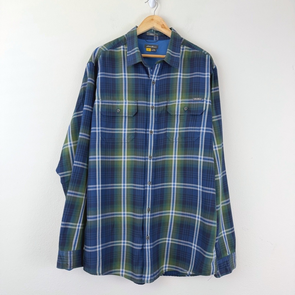 Eddie Bauer Mens TXL Blue Green Plaid Long Sleeve Button Down Shirt Classic Fit